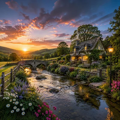 Picturesque Stone Cottage Beside A River At Sunset