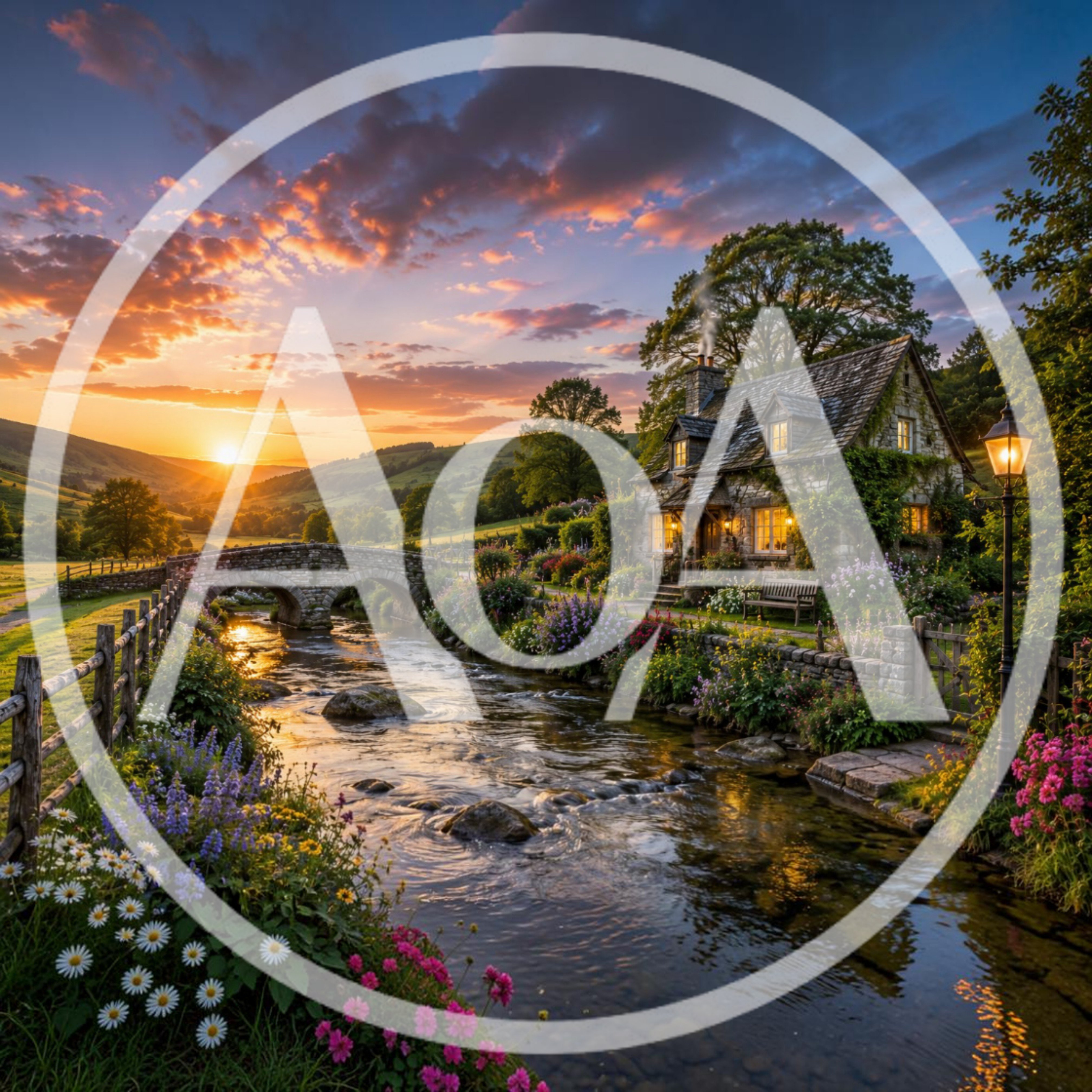 Picturesque Stone Cottage Beside A River At Sunset