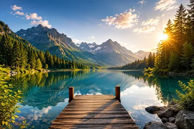 Wooden Pier Overlooking A Serene Alpine Lake At Sunset