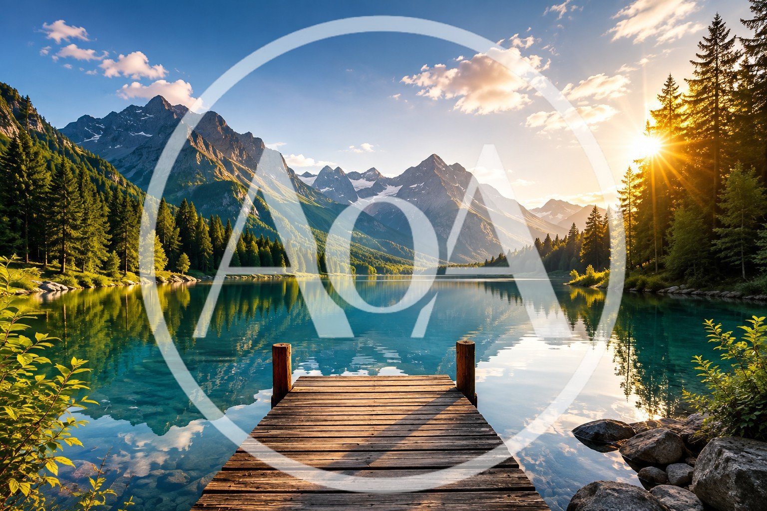 Wooden Pier Overlooking A Serene Alpine Lake At Sunset