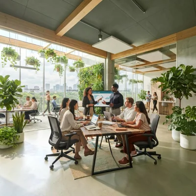 Diverse Professional Team Collaborating in Modern Eco-Friendly Office