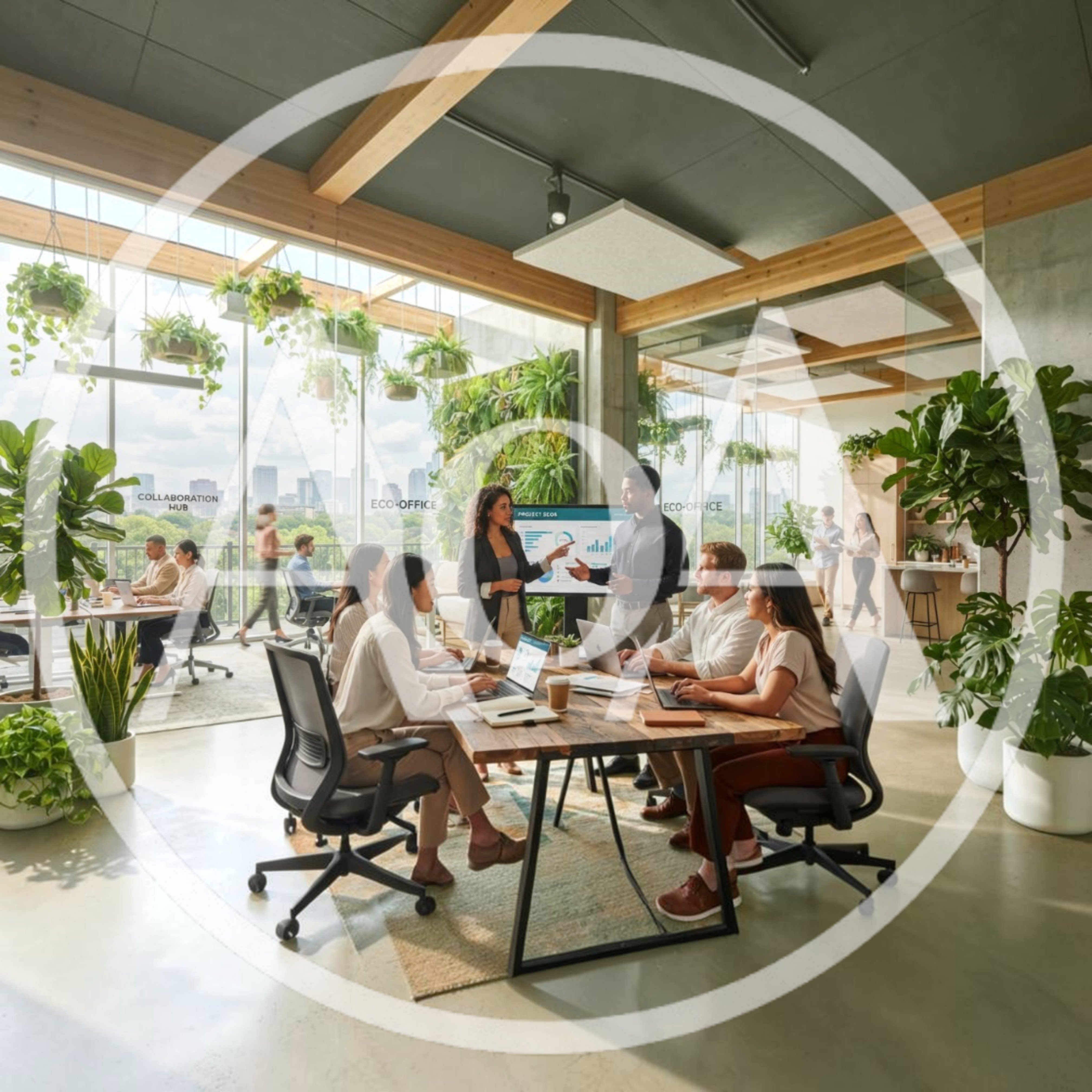 Diverse Professional Team Collaborating in Modern Eco-Friendly Office