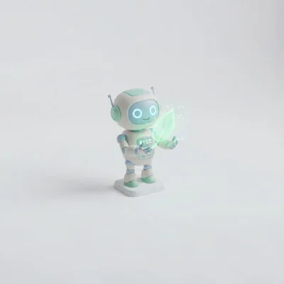 Small Cute Robot Holding A Holographic Leaf