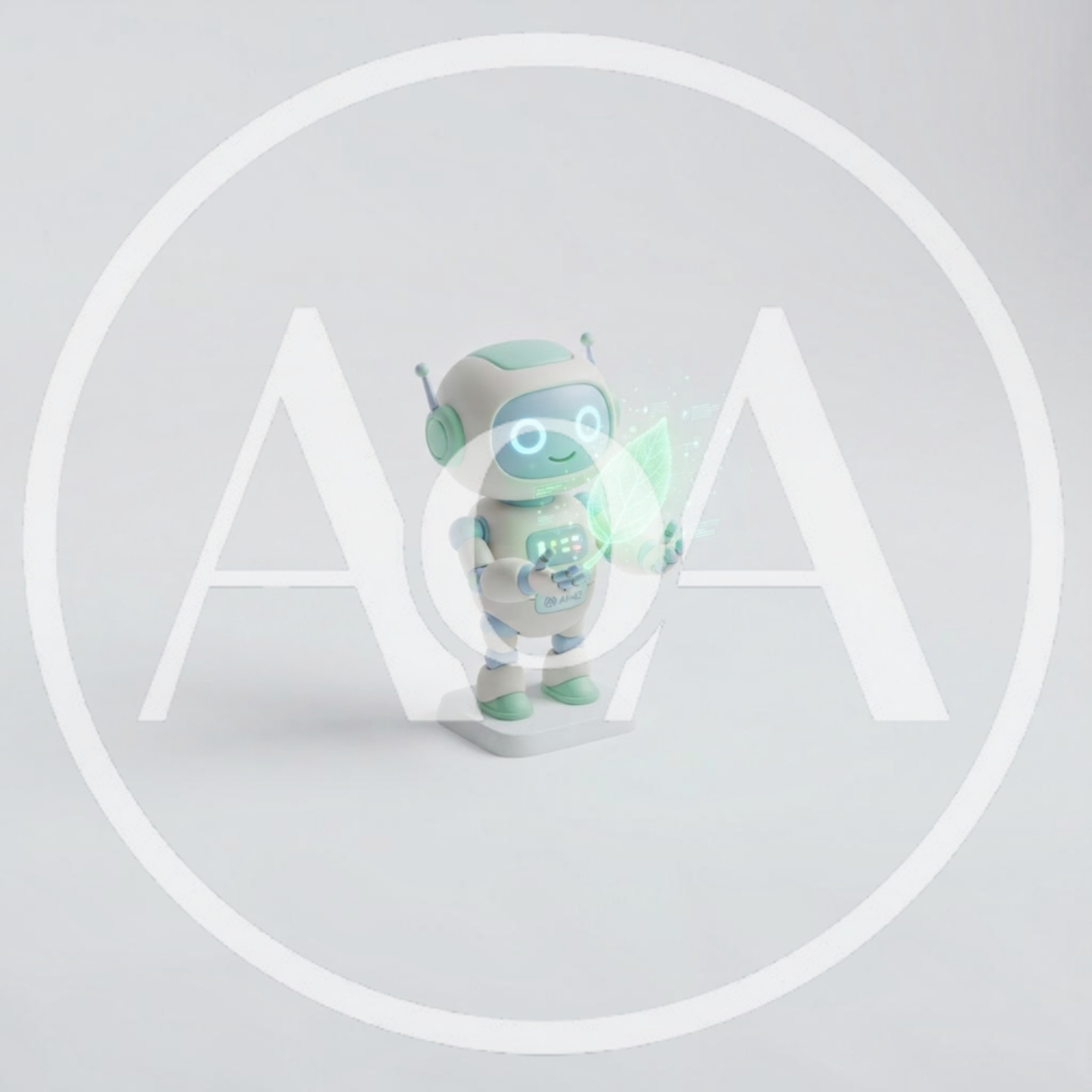 Small Cute Robot Holding A Holographic Leaf