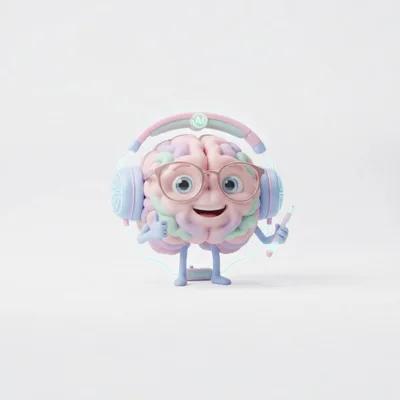 3D Cartoon Brain Character With Headphones And Glasses