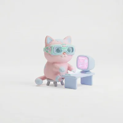 Cute 3D Rendered Cat Programmer Working On Computer