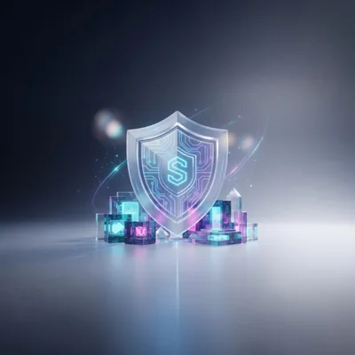 Digital Security Shield With Glowing Circuitry And Geometric Blocks