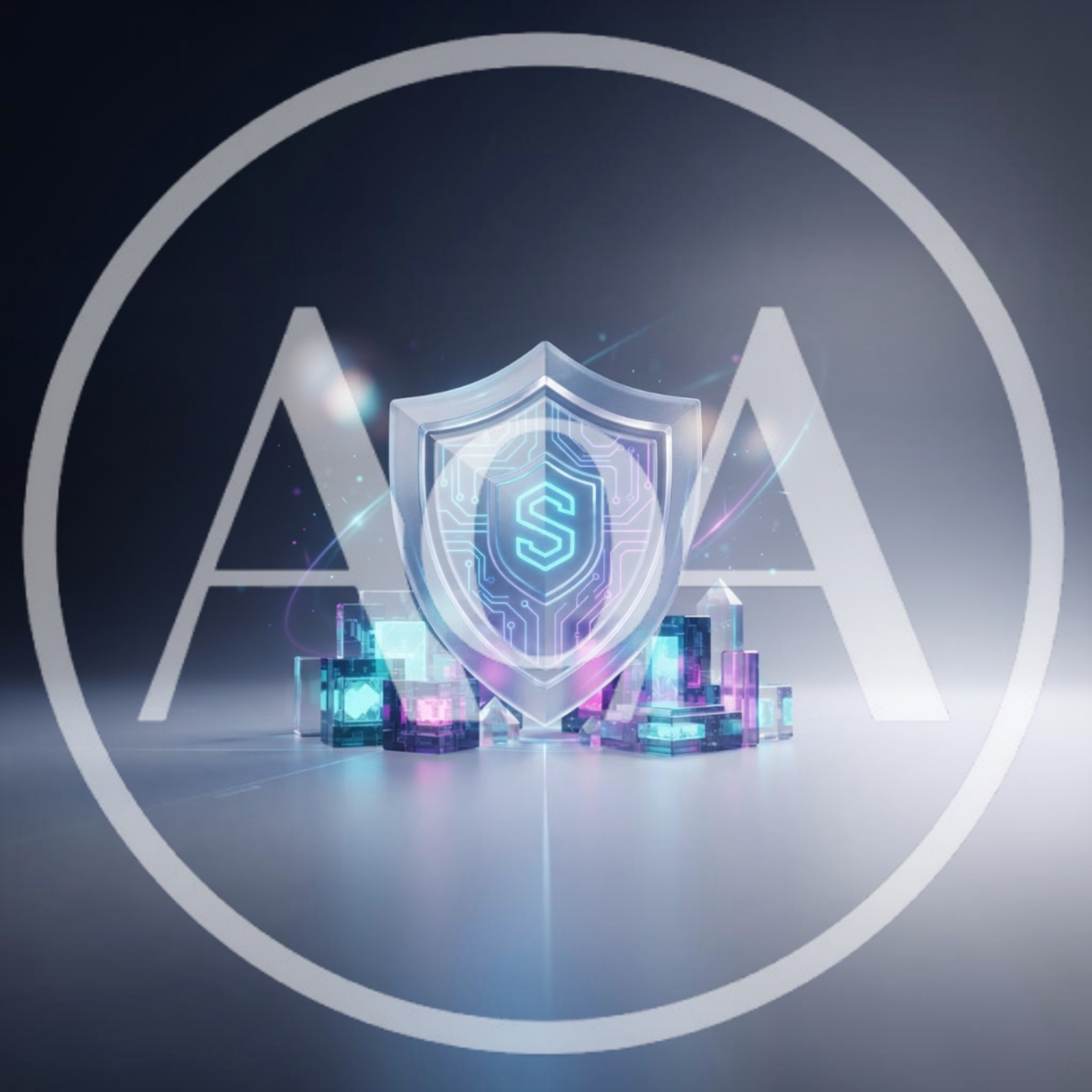 Digital Security Shield With Glowing Circuitry And Geometric Blocks
