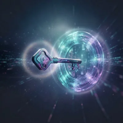 Digital Key Floating Through A Cybernetic Portal