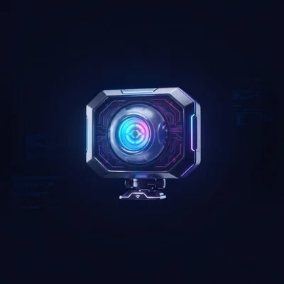 Futuristic Cybernetic Surveillance Camera With Glowing Neon Interface