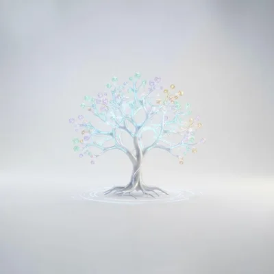 Glowing Digital Tree With Floating Polyhedral Dice Leaves