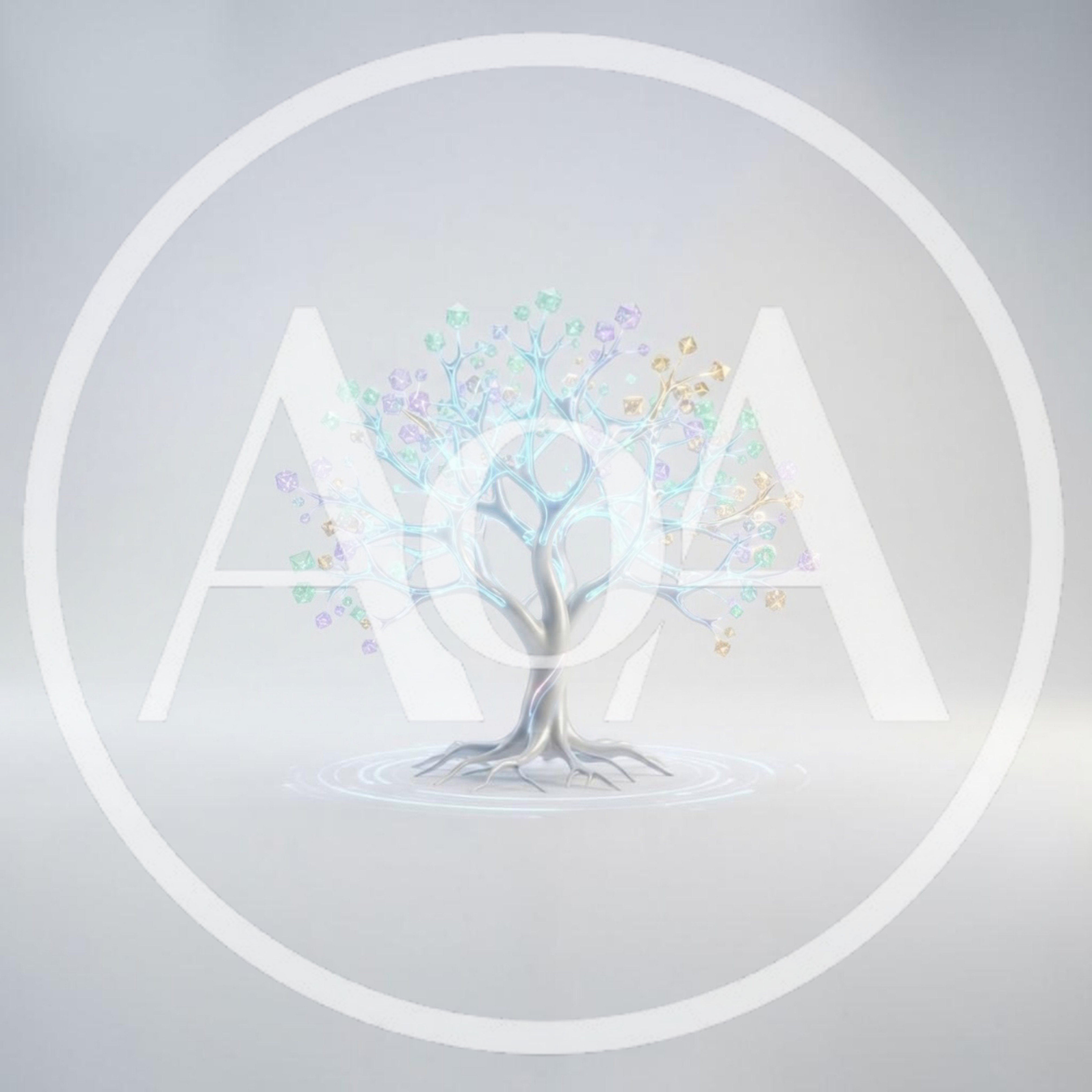 Glowing Digital Tree With Floating Polyhedral Dice Leaves