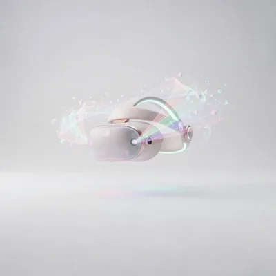 Floating Virtual Reality Headset With Abstract Holographic Elements