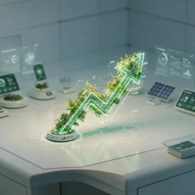 Holographic Growth Chart With Plants On Futuristic Desk