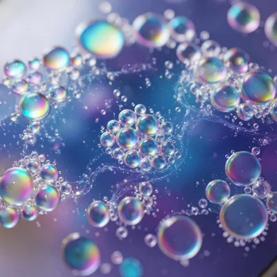 Iridescent Oil Droplets Floating On Blue Liquid Surface