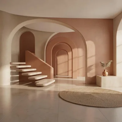Minimalist Interior Design With Arched Doorways And Floating Stairs