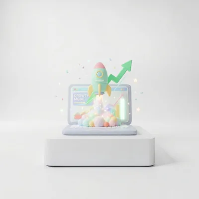 3D Render of Startup Rocket Launching from Laptop