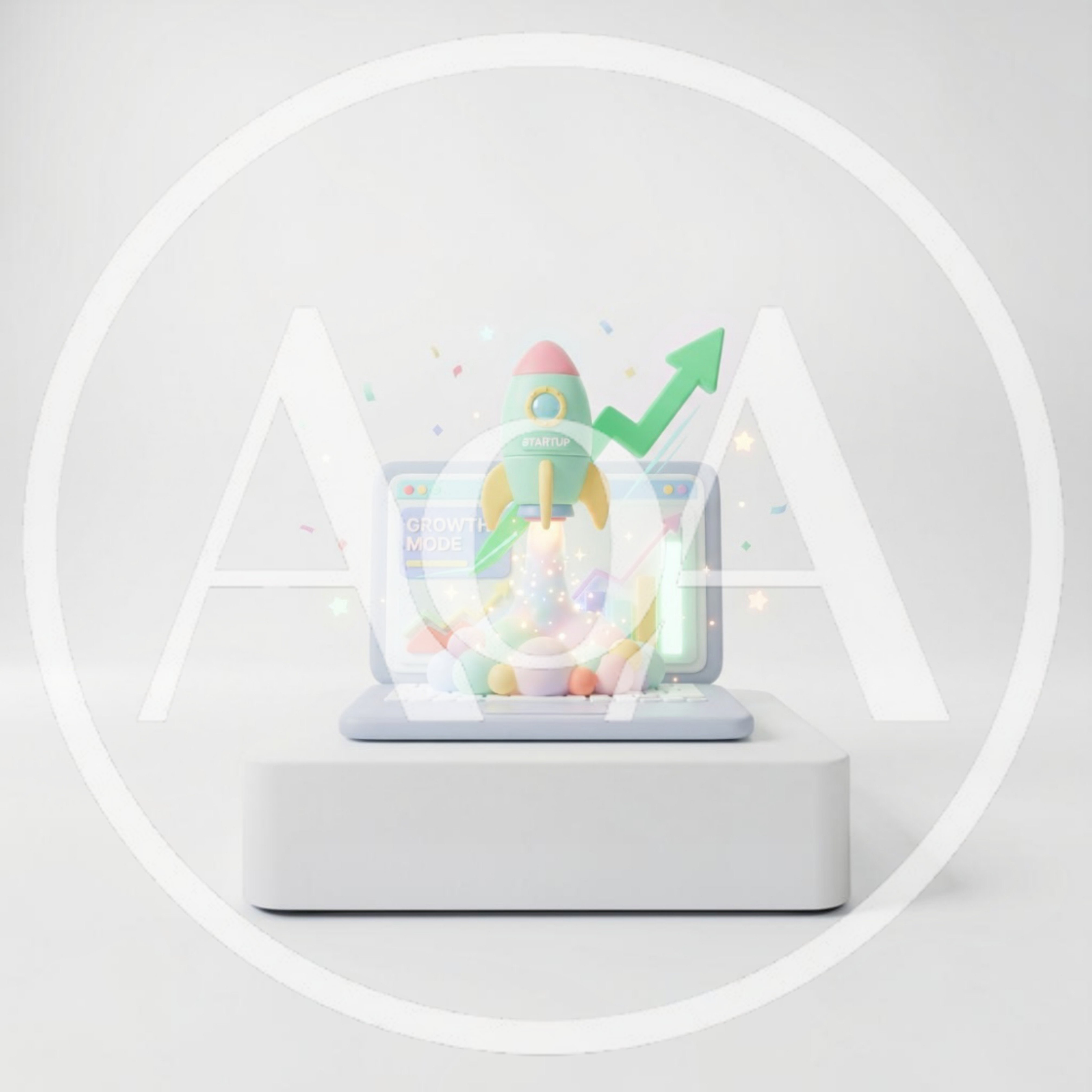 3D Render of Startup Rocket Launching from Laptop
