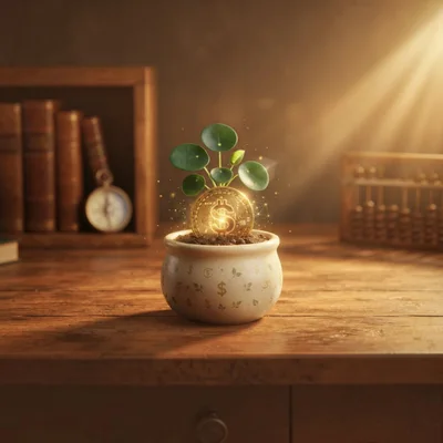 Golden Dollar Coin Growing Plant in Ceramic Pot