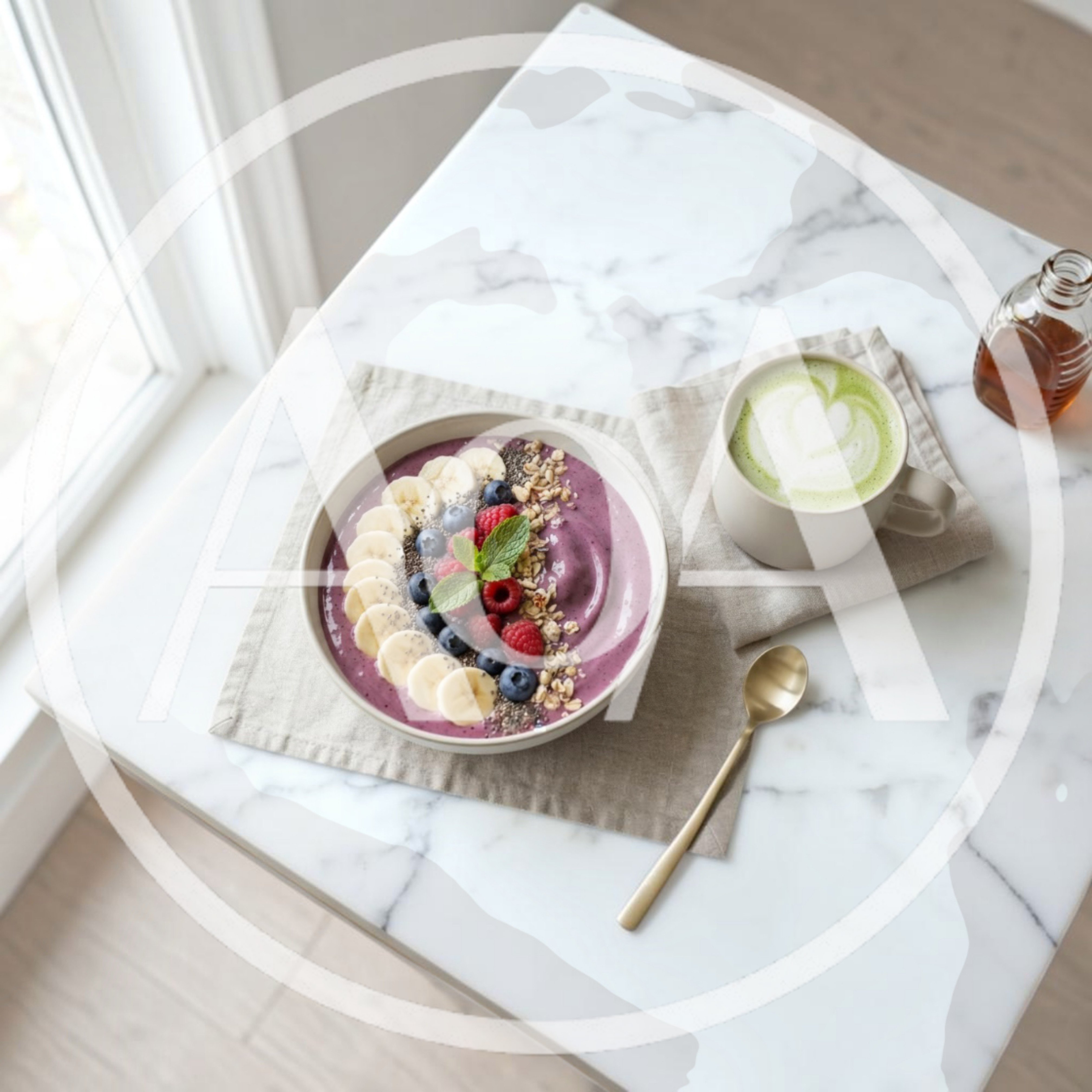 Acai Smoothie Bowl With Matcha Latte On Marble Table