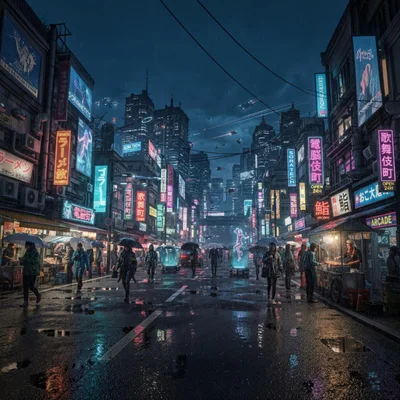 Cyberpunk Street Scene With Neon Signs And Rain