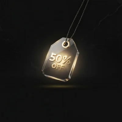 3D Rendered Glass Discount Tag With Golden Text