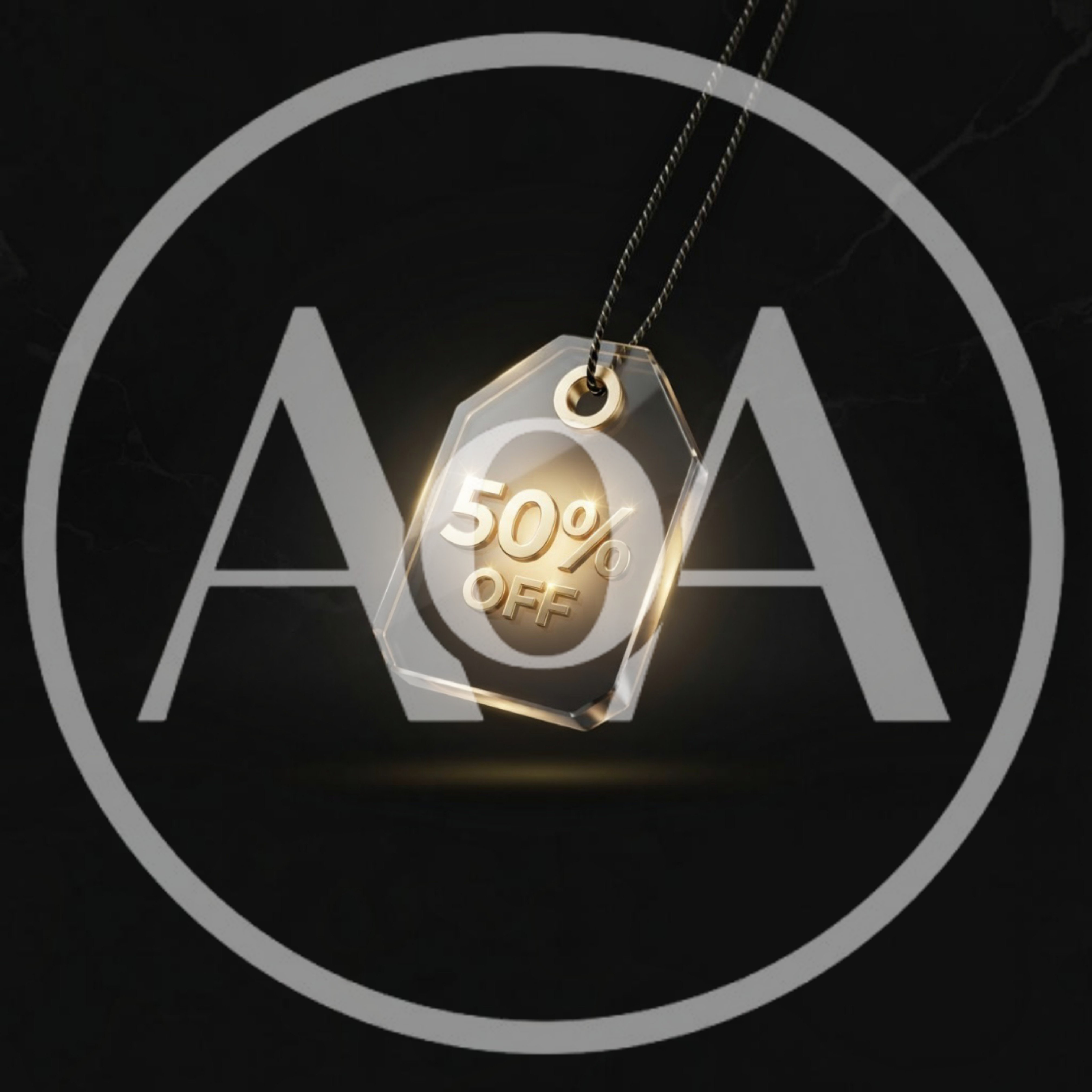 3D Rendered Glass Discount Tag With Golden Text