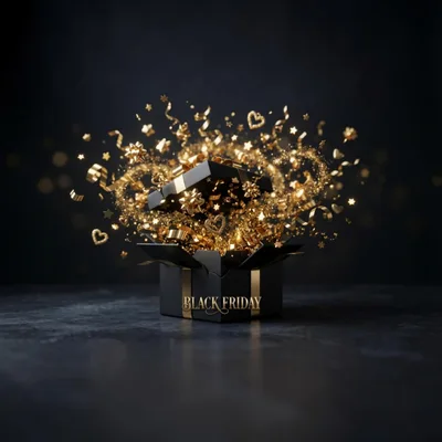 Black Friday Gift Box With Golden Confetti Explosion