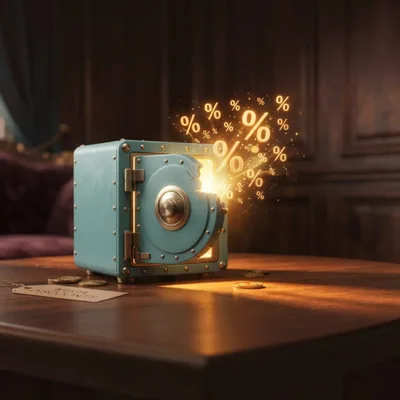 Open Teal Safe Releasing Glowing Percentage Symbols