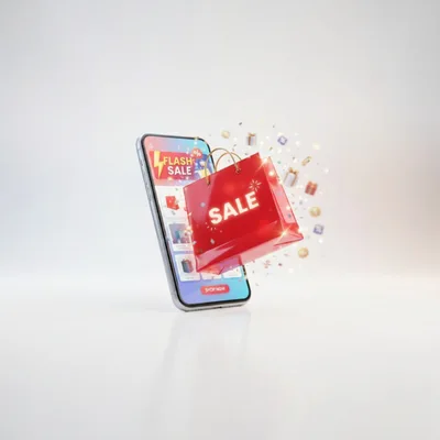 3D Smartphone With Floating Red Shopping Bag Sale Concept