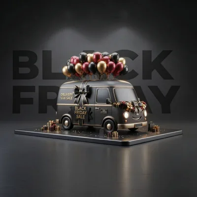 Black Friday Delivery Van With Balloons And Gifts