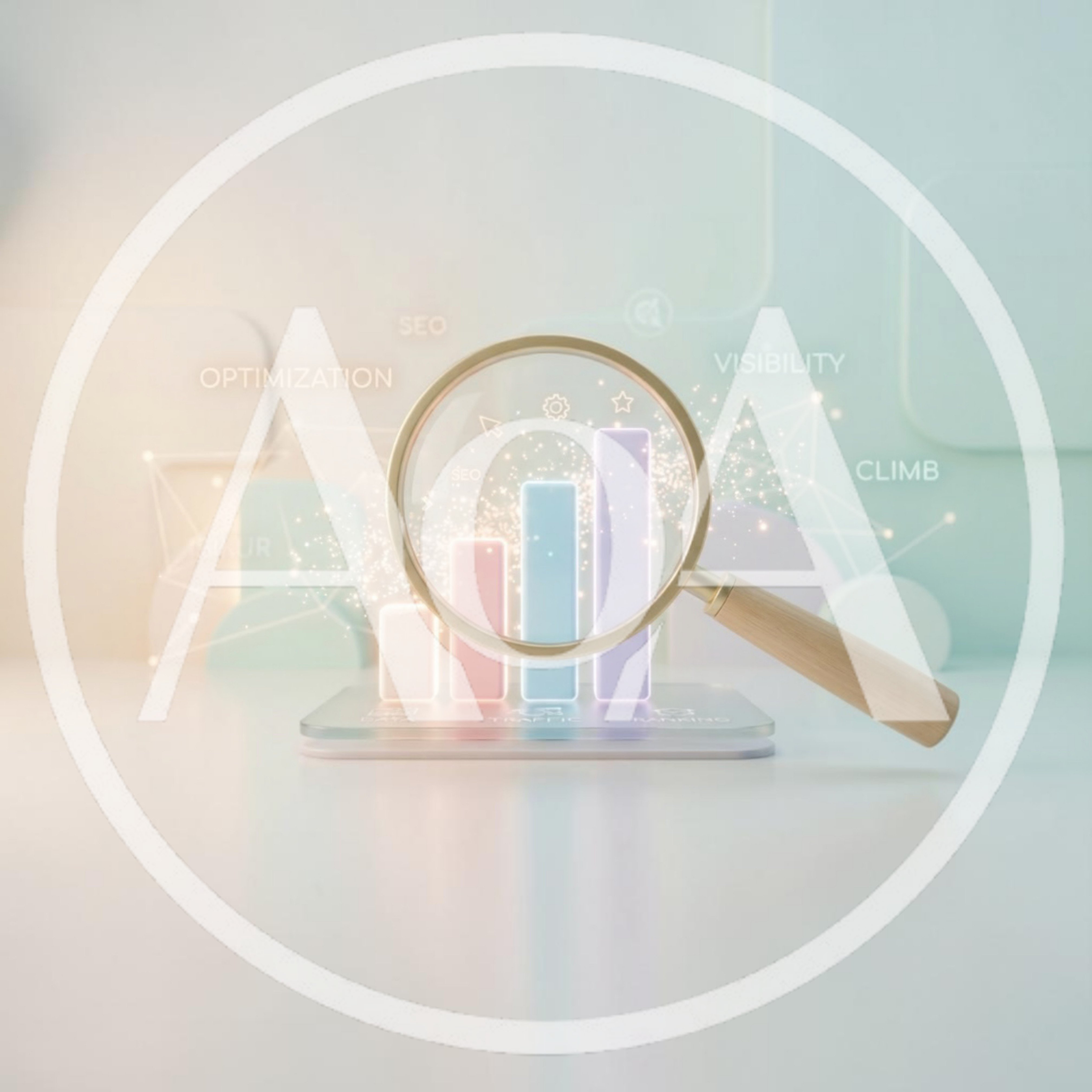 3D Magnifying Glass Analyzing SEO Bar Chart Data