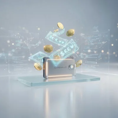 Digital Wallet With Floating Cryptocurrency Coins And Holographic Currency