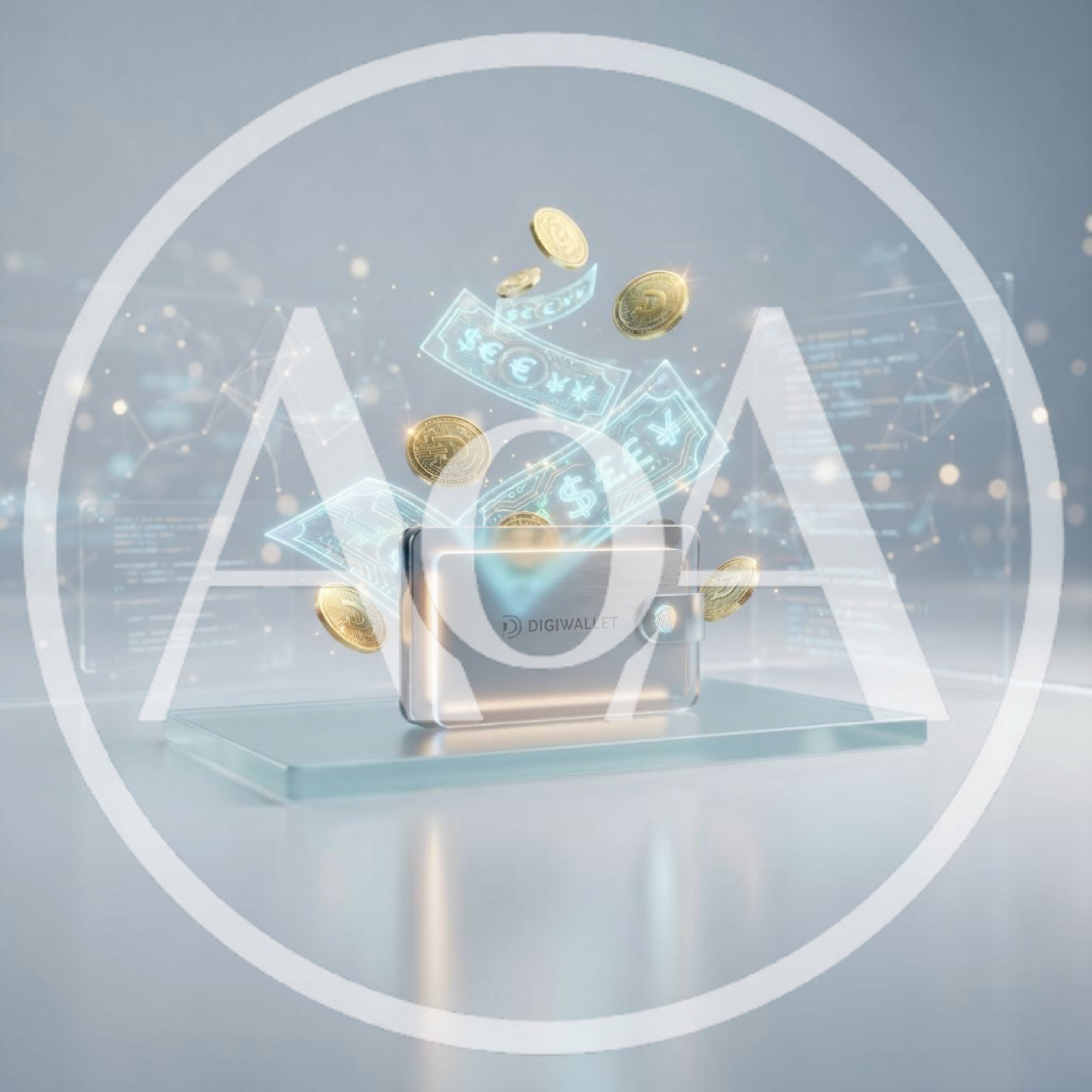 Digital Wallet With Floating Cryptocurrency Coins And Holographic Currency