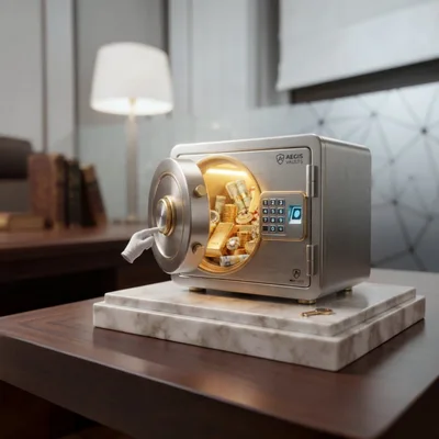 Miniature Safe Filled With Gold And Cash On Desk
