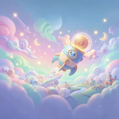 Cute Cartoon Rocket Carrying Bitcoin Through Pastel Clouds