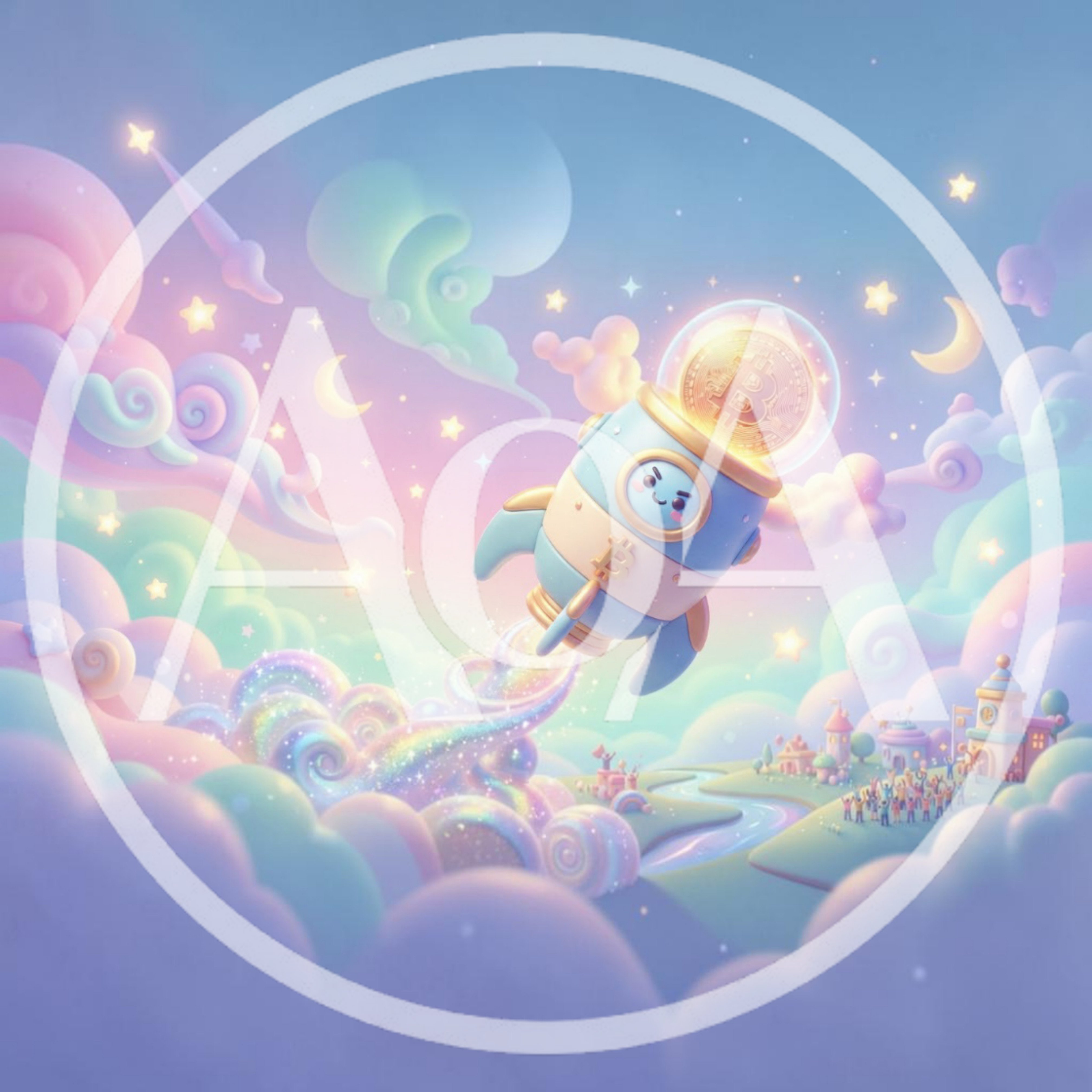 Cute Cartoon Rocket Carrying Bitcoin Through Pastel Clouds