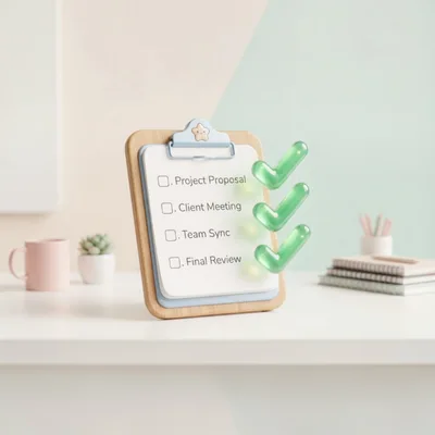3D Clipboard With Checklist And Floating Green Checkmarks
