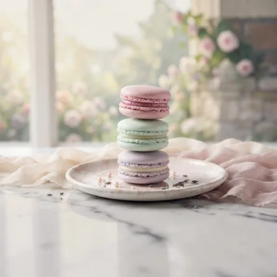 Stack of Three Pastel Macarons on Marble Surface