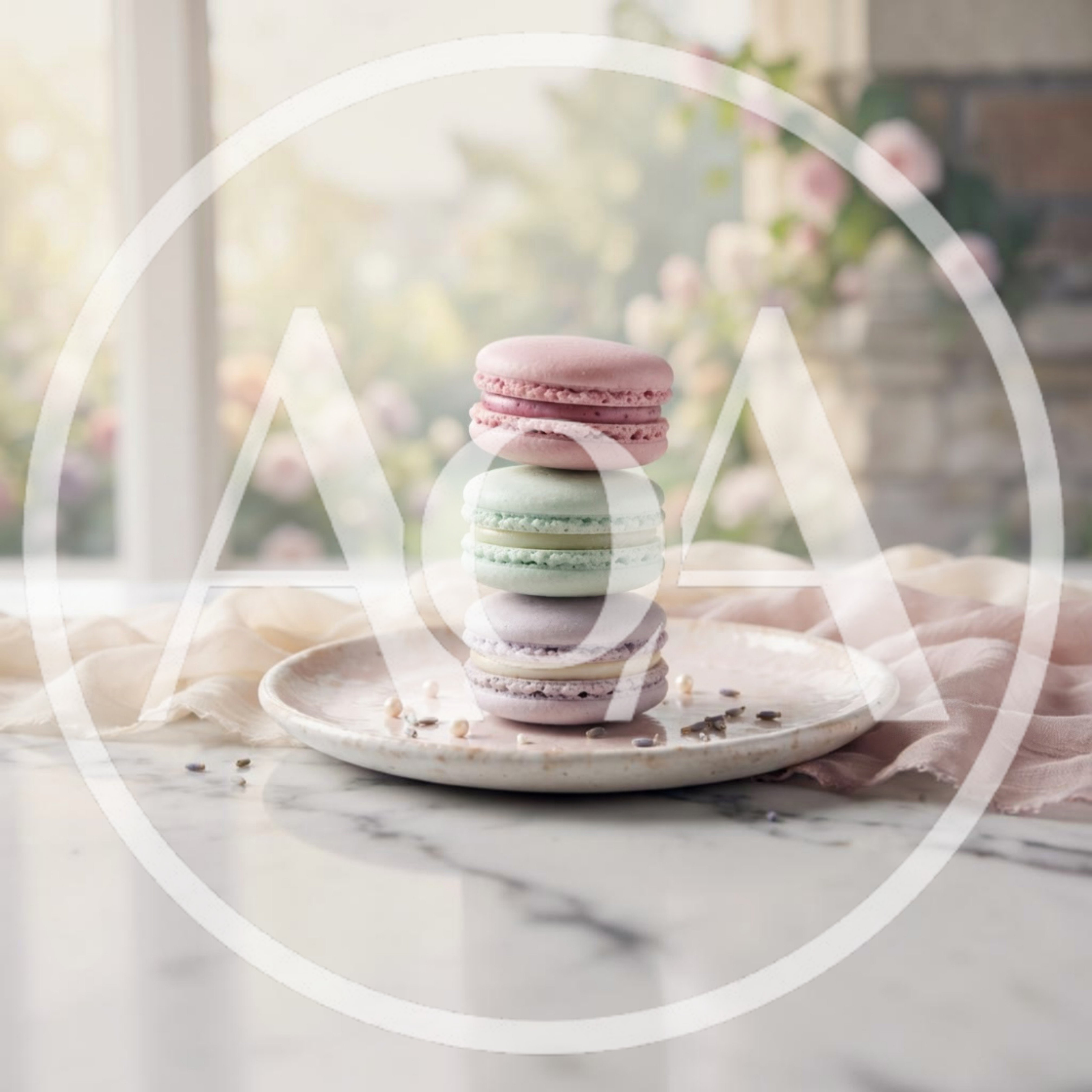 Stack of Three Pastel Macarons on Marble Surface