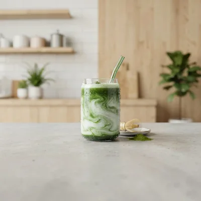 Iced Matcha Latte in Glass on Kitchen Counter