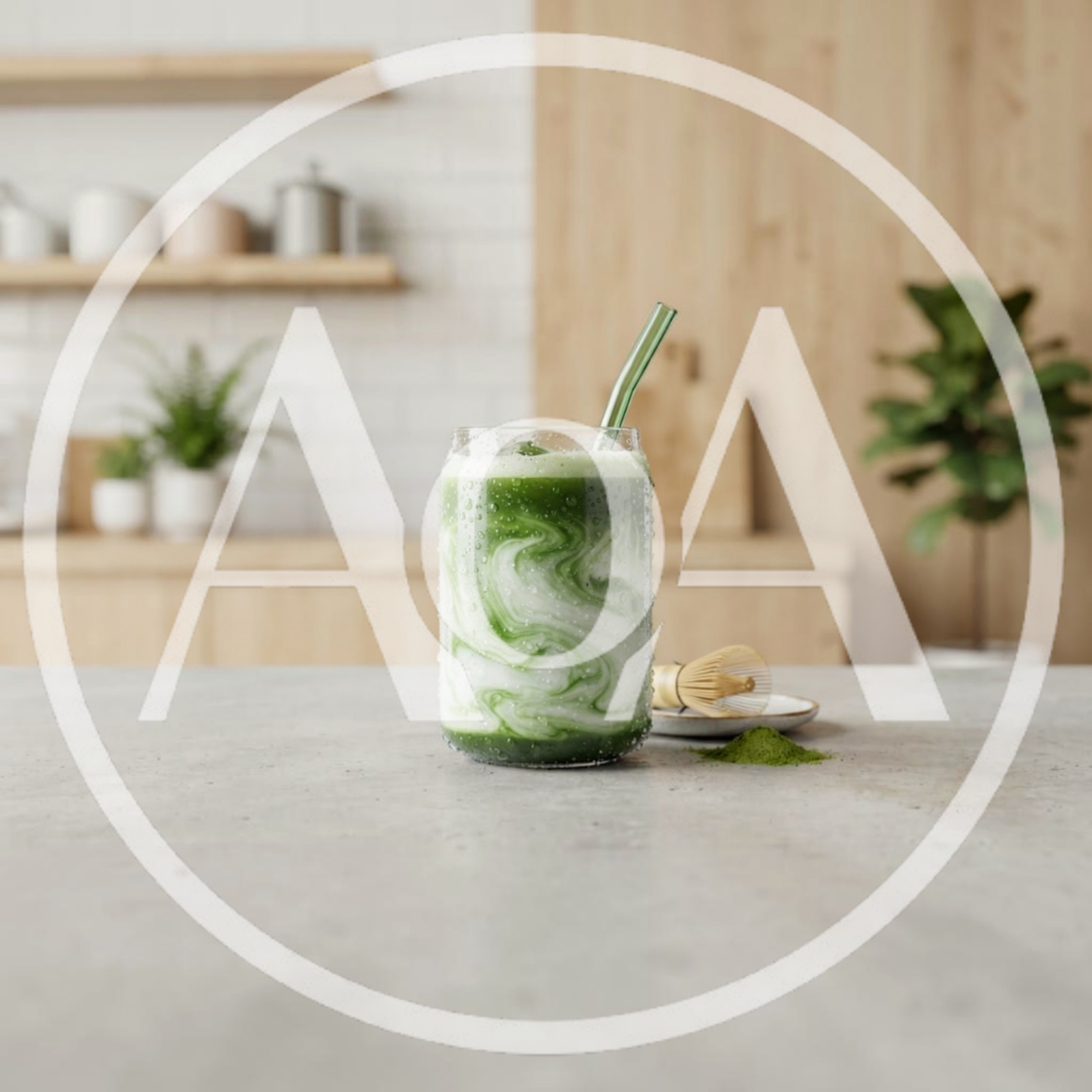 Iced Matcha Latte in Glass on Kitchen Counter