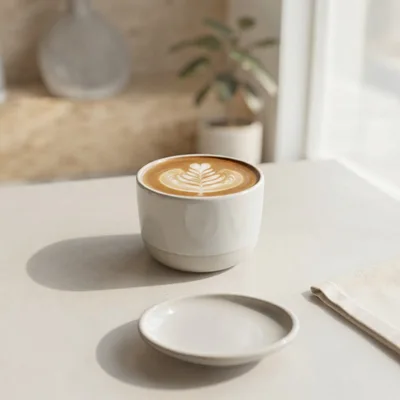 Ceramic Cup Of Latte With Latte Art On Table