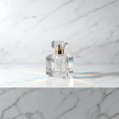 Crystal Perfume Bottle on White Marble Surface
