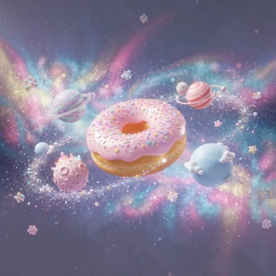 Floating Pink Donut In A Magical Cosmic Galaxy