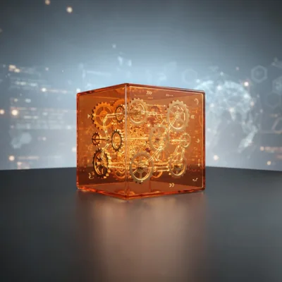 Golden Mechanical Gears Inside A Transparent Amber Cube