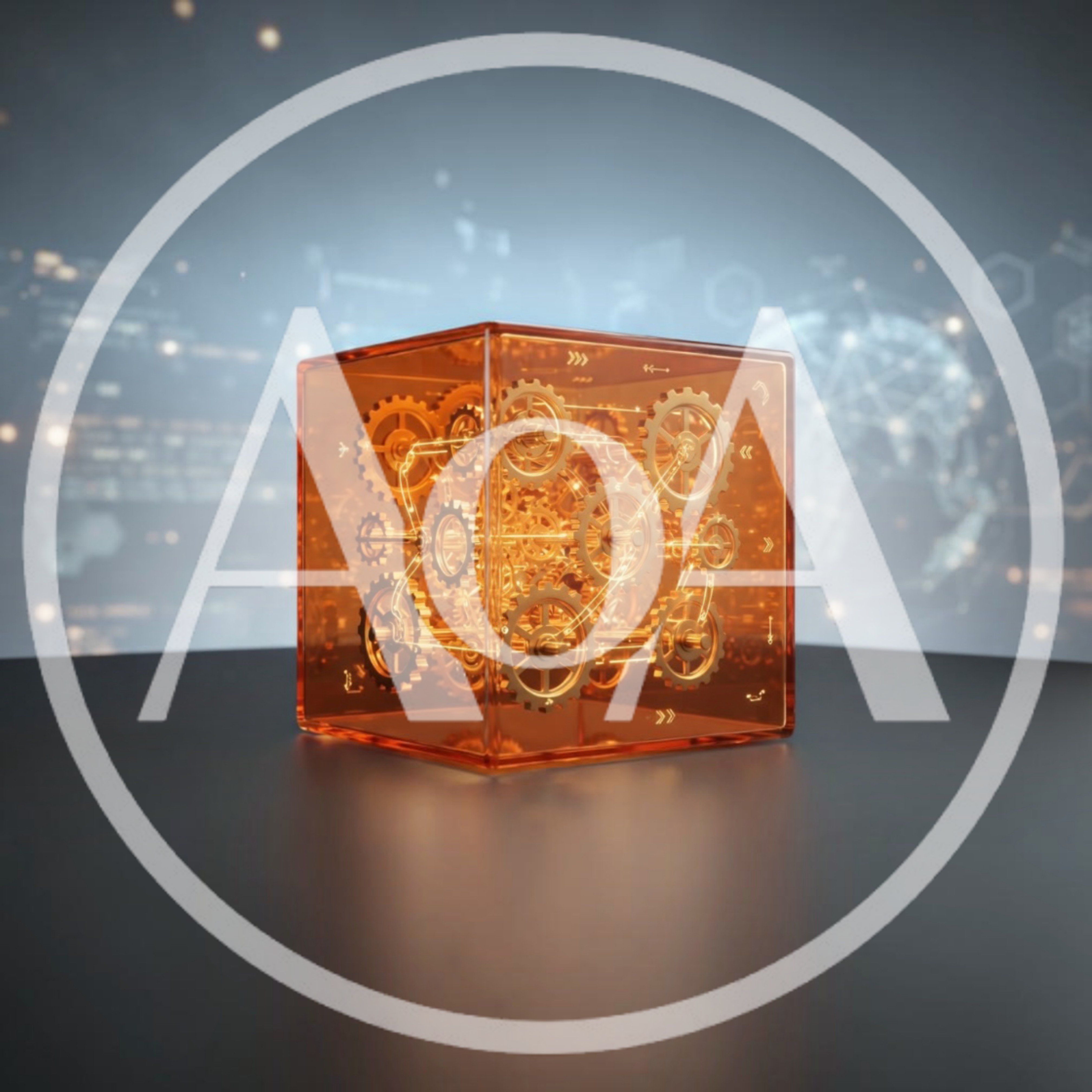 Golden Mechanical Gears Inside A Transparent Amber Cube