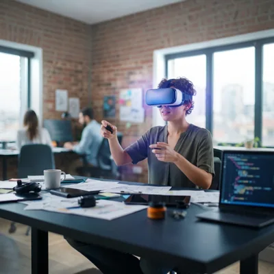 Software Developer Using Virtual Reality Headset In Office
