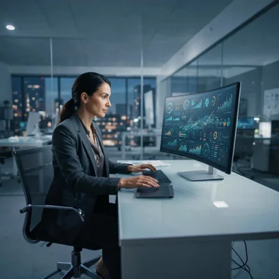 Professional Businesswoman Analyzing Financial Data On Curved Monitor
