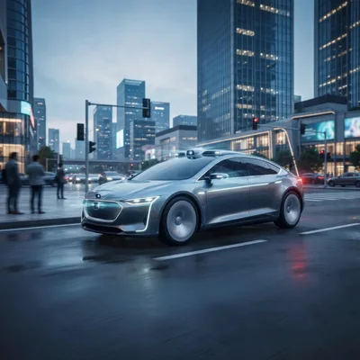 Autonomous Electric Concept Car Driving Through Modern City